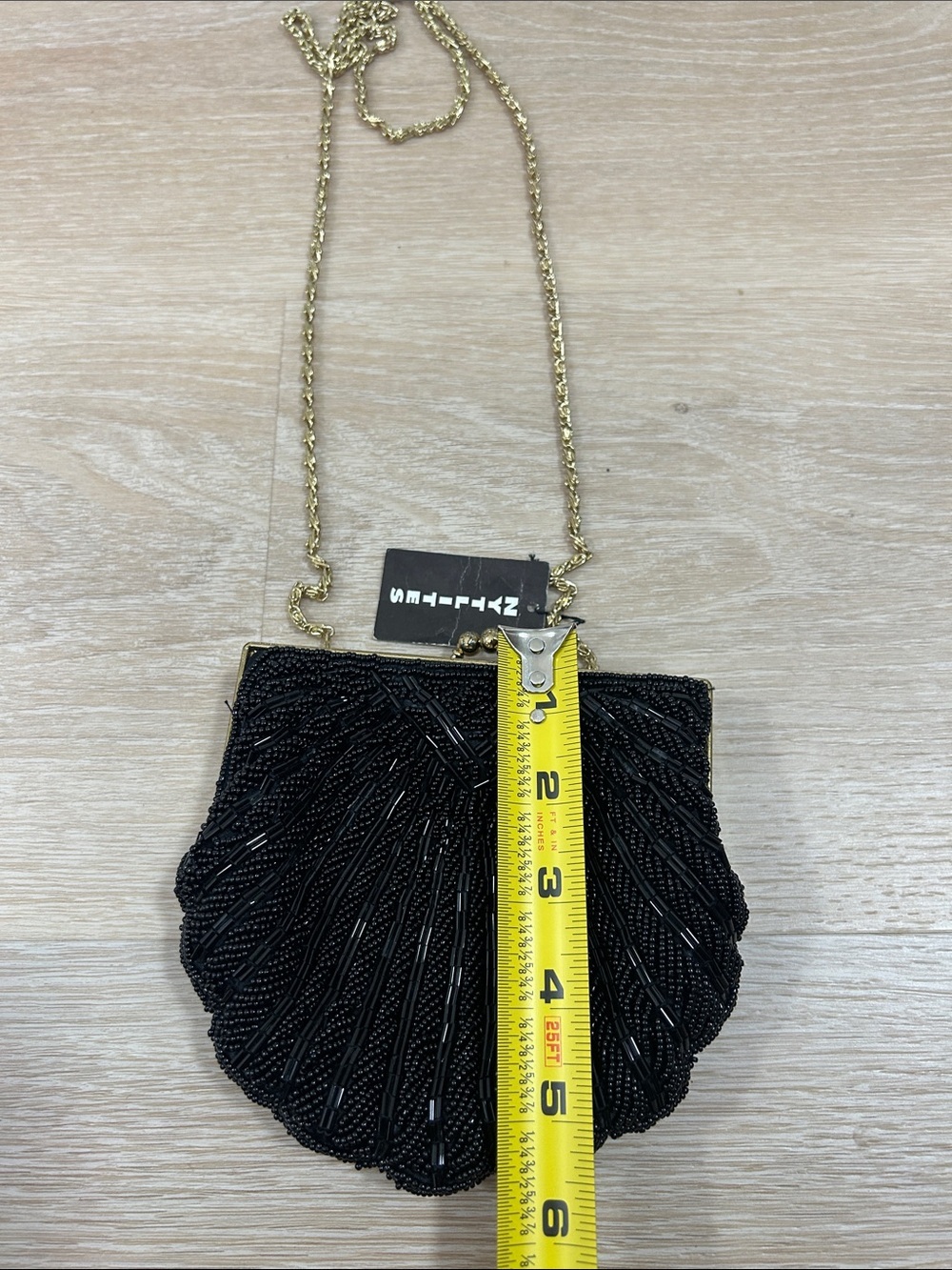 Black Beaded Shell-Style Evening Clutch with Gold Chain - Picture 3 of 4